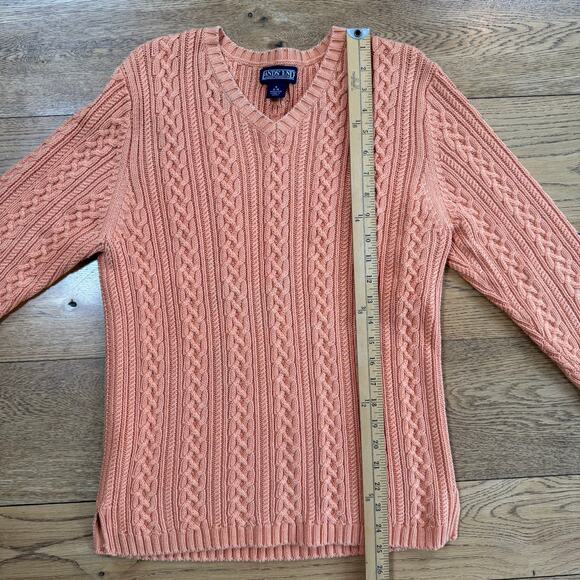 Vintage Lands End Women Cable Knit Sweater SZ S V Neck Orange Classic Fall Cotto - Picture 9 of 10